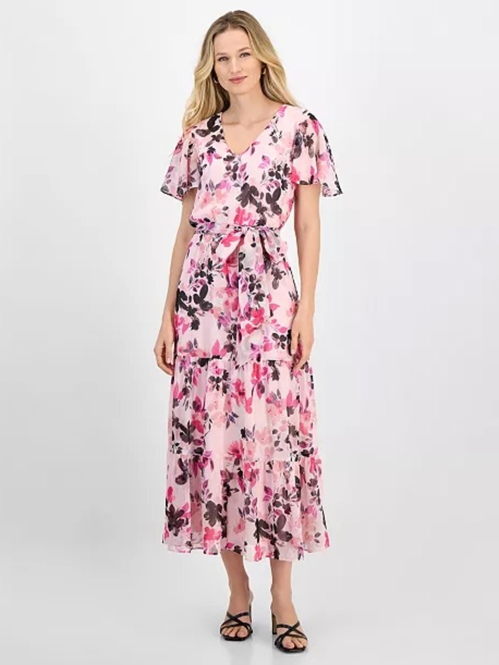 Kasper Pink Floral Tie-Waist V-Neck Maxi Dress